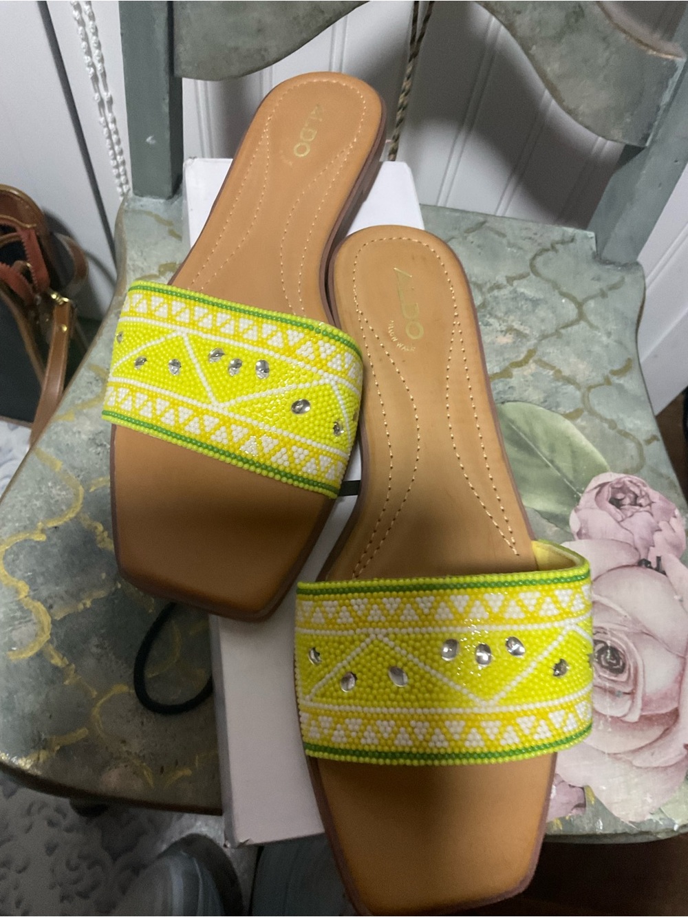 Aldo Neon Yellow Beaded Slide Sandals